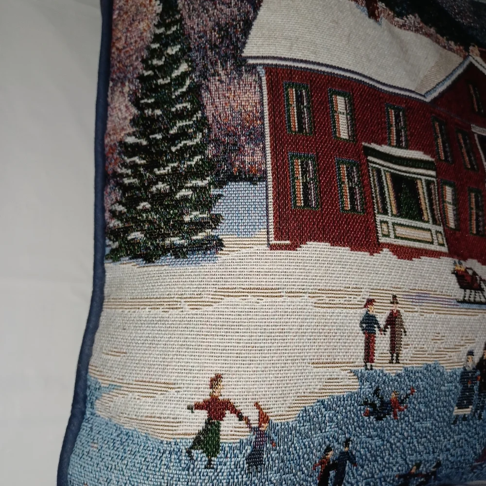 Holiday Tapestry Pillow with Winter Scene 16x16 Christmas Decor
